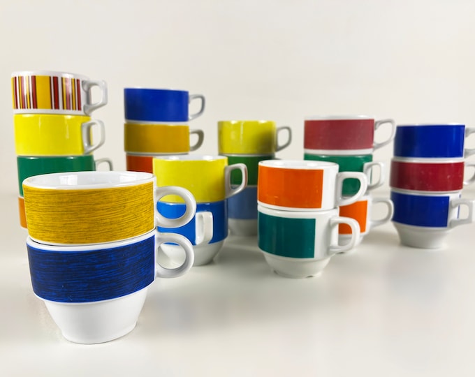 Mix and match colorful coffee, tea cups, vintage tableware from the 1960s and 70s, manufactured in Germany and Italy