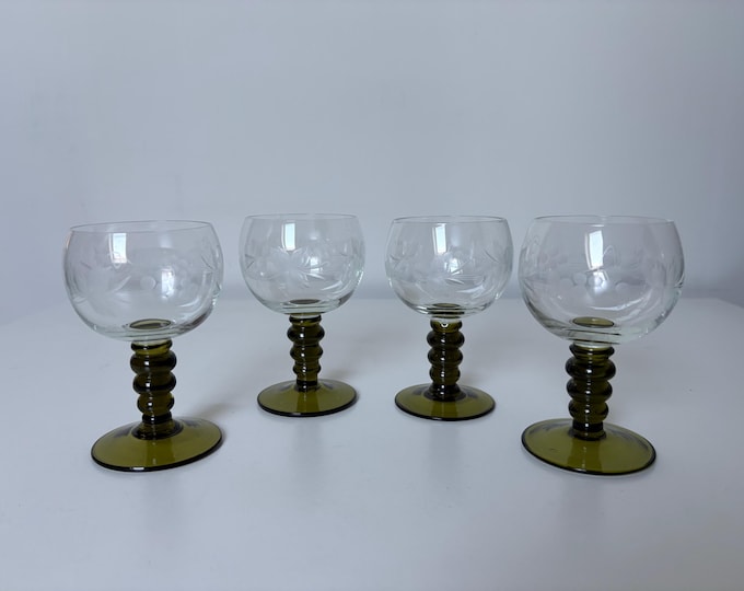 Set of 4 old olive green, stemmed wine glasses, Roemer glasses, Alsace wine glasses, hand made beautiful decorated, 1950s vintage