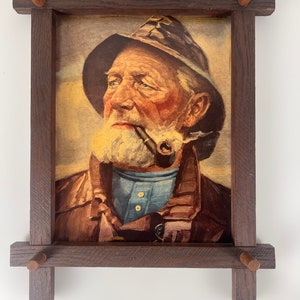 Vintage framed portrait art print of pipe-smoking fisherman, mid century wall art 1970s, Original by Harry Haerendel afbeelding 3