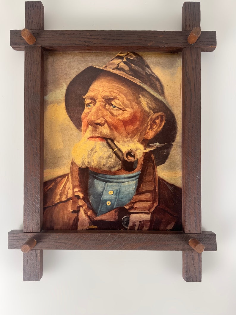 Vintage framed portrait art print of pipe-smoking fisherman, mid century wall art 1970s, Original by Harry Haerendel afbeelding 3