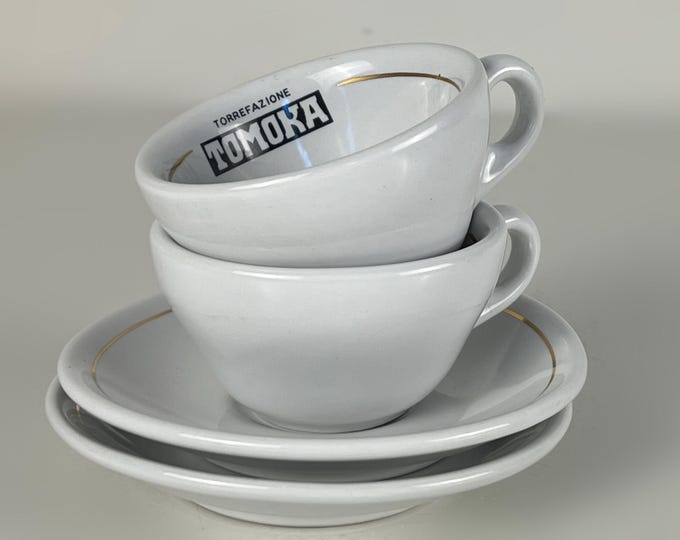 Set of 2 very nice vintage bar quality porcelain espresso cups with saucers advertising torrefazione Tomoka. Made by ACF Italy