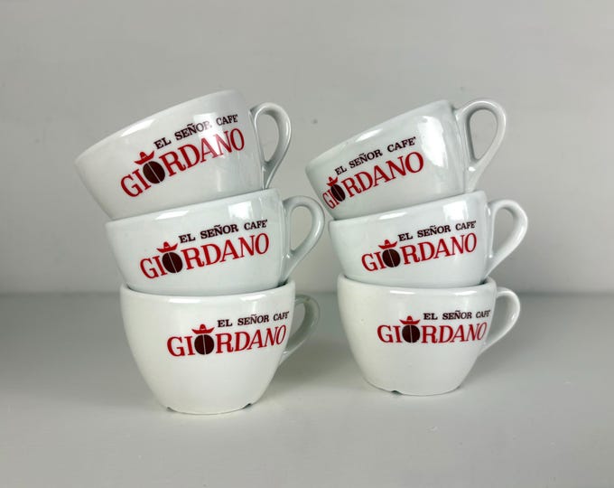 Set of 6 coffee or cappuccino cups, heavy bar quality porcelain, with the 'El Señor Cafe Giordano logo', produced by IPA, Italy 1980s