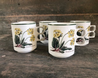 Set of 2 vintage Florabunda Enoch Wedgwood large coffee or tea mugs, primula elatior decor, England 1970s mid century modern stoneware