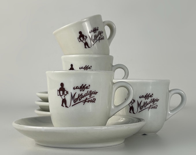 Set of 4 espresso cups with matching saucers, bar quality porcelain, Caffè Mokadificio Forti manufactured by IPA in Italy, 1990s