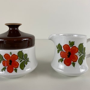 Schumann Arzberg Sugar bowl and creamer orange flower design, Vintage 1960&#39;s Bavaria West Germany, mid century modern kitchenware