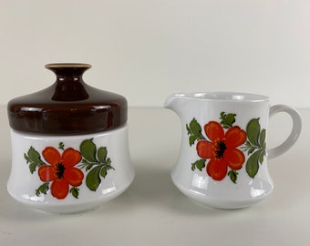 Schumann Arzberg Sugar bowl and creamer orange flower design, Vintage 1960's Bavaria West Germany, mid century modern kitchenware