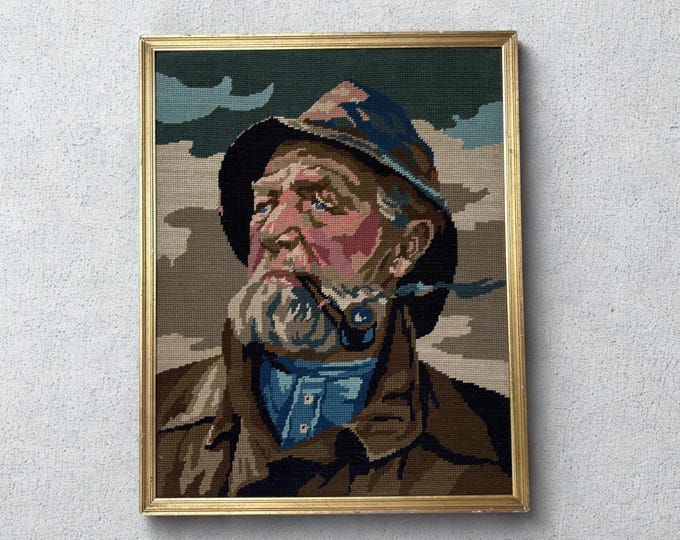 Vintage embroidery portrait of pipe-smoking fisherman, old sailor, mid century wall art 1970's, Original by Harry Haerendel