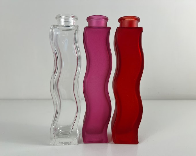 Set of 3 IKEA Skämt wave vases, IKEA squiggle glass vases in red, purple and clear glass, a great vintage IKEA design from the 1990's