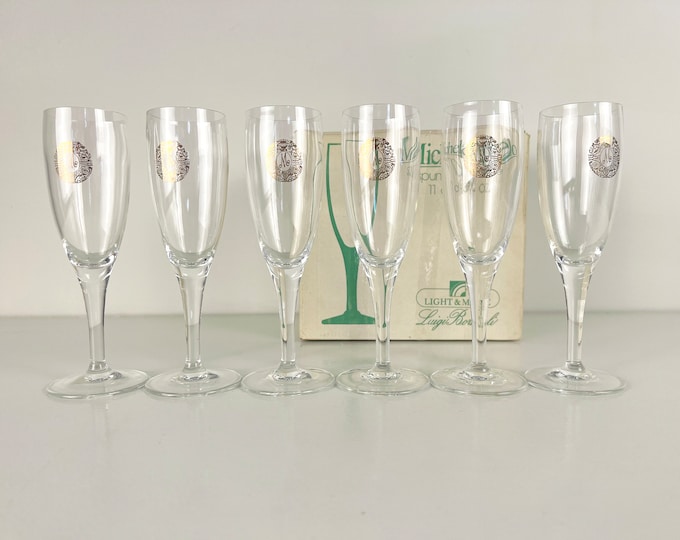 Set of 6 crystal vintage Michelangelo champagne flutes from the Light and Music series, manufactured by Luigi Bormioli, Italy 1980s