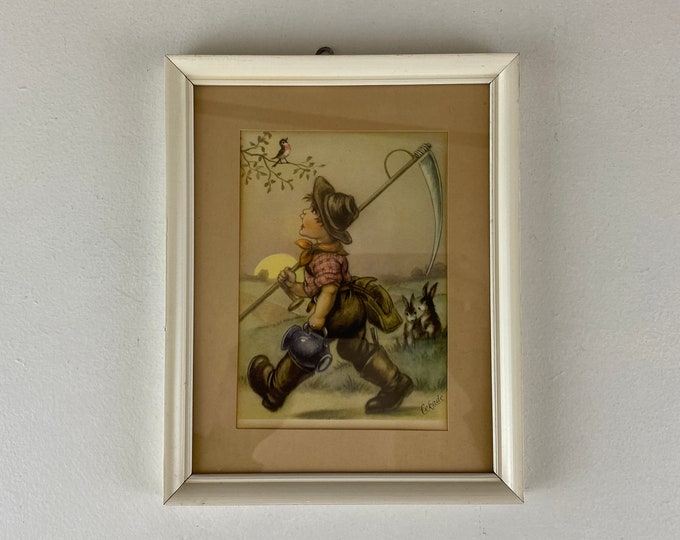 Vintage art print, vintage framed Hummel like art print by Cekade walking boy with scythe, lovely vintage mid century wall art decor 1950s