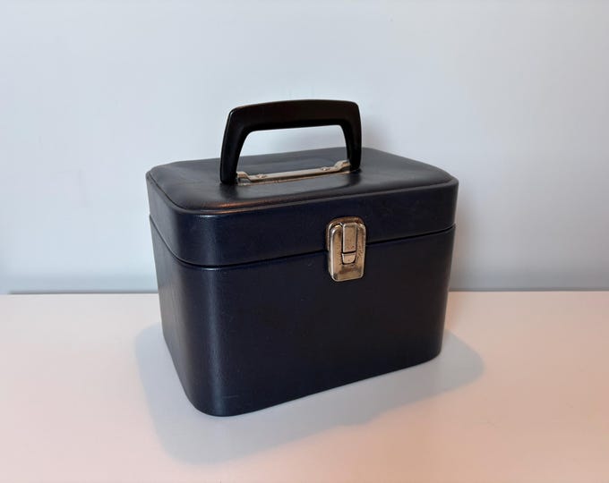 Vintage dark blue faux leather beauty case, 1980s travel make-up case