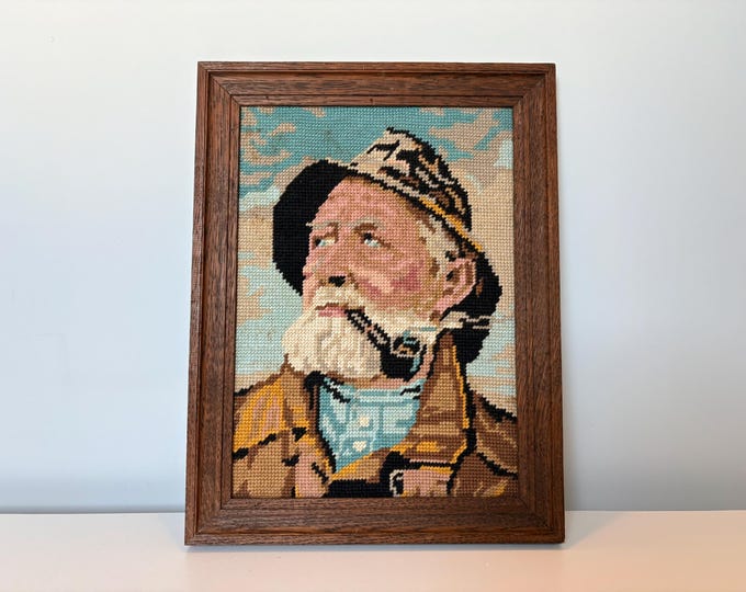 Vintage embroidery framed portrait of Dorus Rijkers, a pipe-smoking fisherman, mid century wall art 1970's, Original by Harry Haerendel