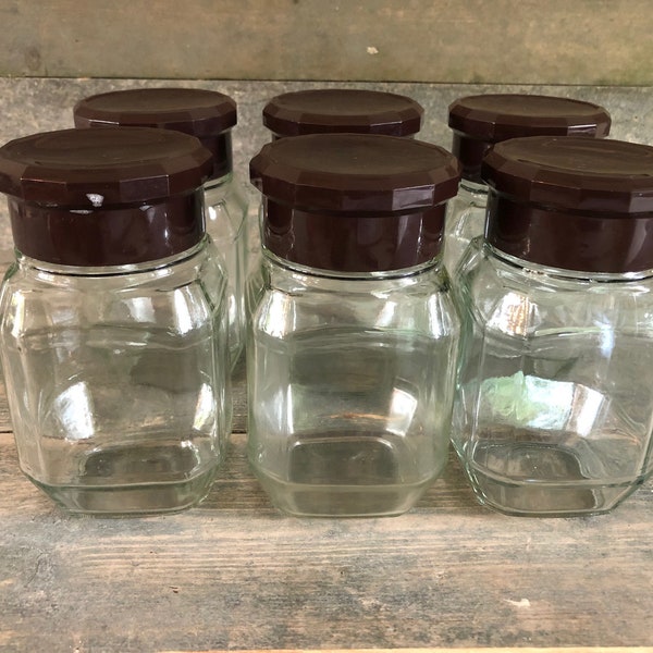 Set of 6 glass storage jars, storage containers with brown plastic lid, retro vintage mid century kitchen design 1970s