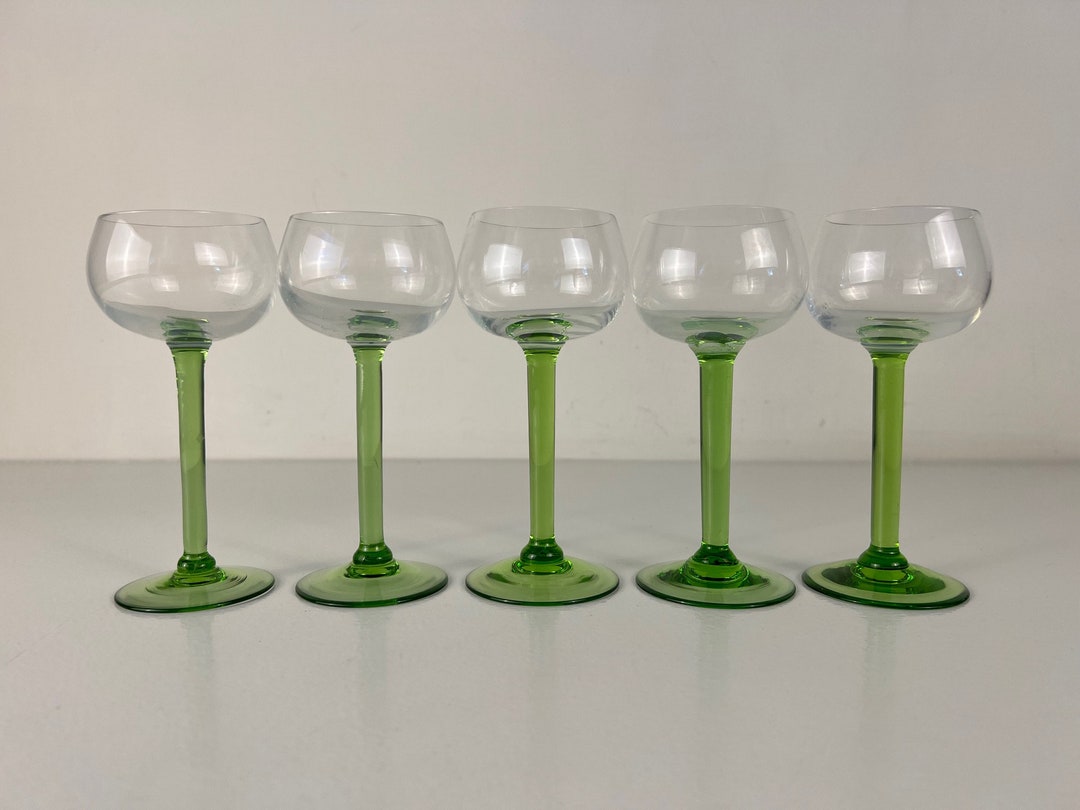 Set of 5 or 6 Small Light Green Stem, White Wine Glasses, Alsace Wine
