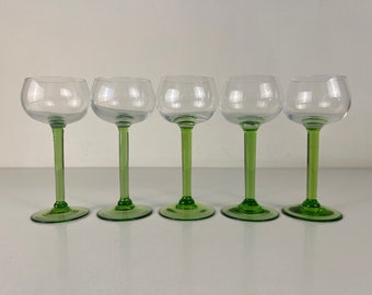 Set of 5 or 6 small light green stem, white wine glasses, Alsace wine glasses, roemer glasses, dessert wine glasses, French Vintage  1960s