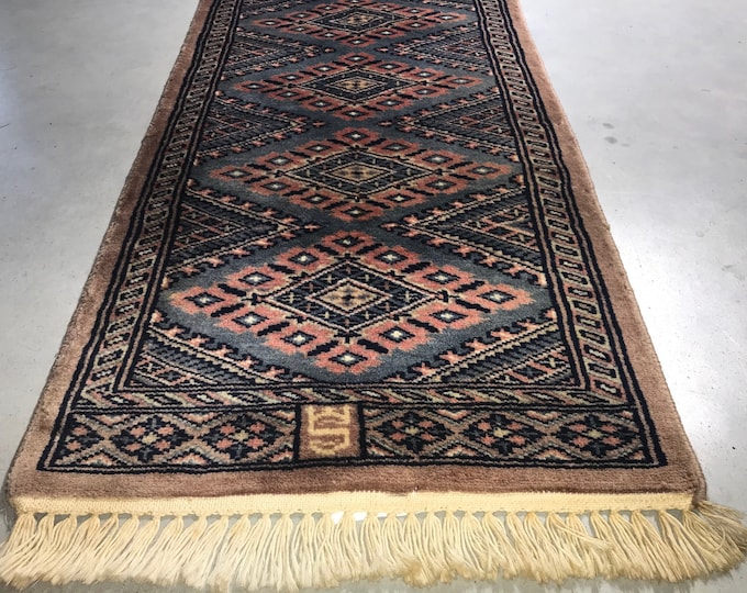 Oriental table rug / small carpet / table topper / table runner, blue, pink, black, brown and beige accents. 1960s style