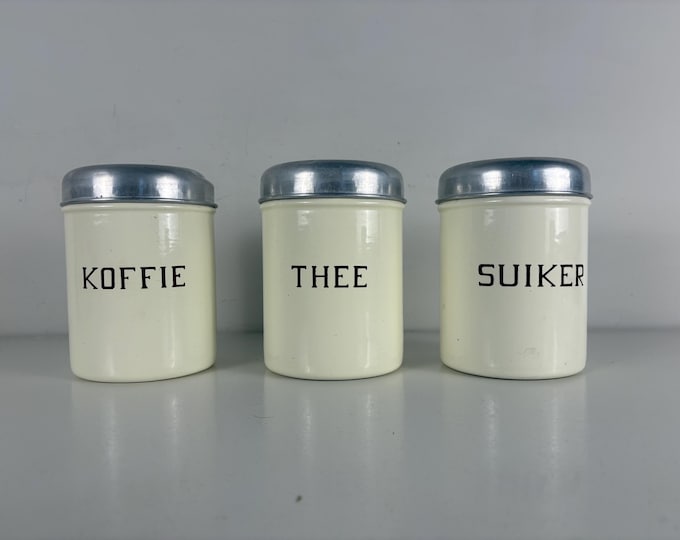 Set of 3 Dutch vintage enamel storage containers coffee, tea, sugar, off white, Manufactured in the Netherlands 1950s