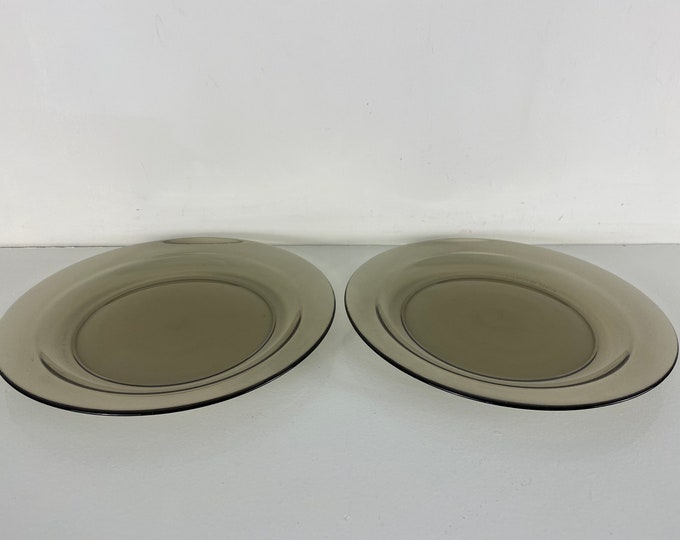 SET OF 2 Arcoroc France, smoked glass plates tempered glass breakfast plates, BP version, mid century modern dinnerware from the 1970s