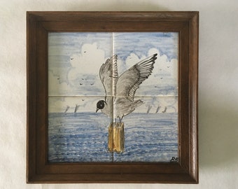 Wall tile seaside decor, seagull tile tableau with oak wooden frame, vintage Holland, mid century design