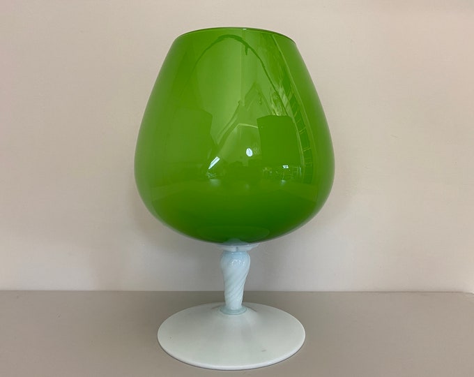 Large decorative Brandy snifter vase, green glass on a white glass stem, mid century modern art glass, ruby balloon vase, vintage 1960’s