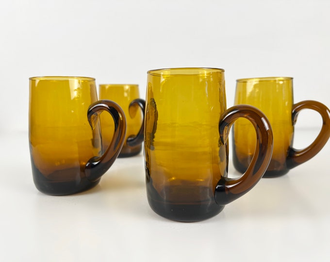 Set of 4 vintage mouth blown amber colored glass mugs 1960s French mid century modern design