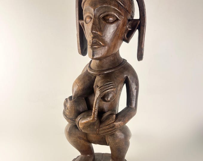 Large Vintage African Maternity Statue 70cm | Hand-Carved Wooden Kongo Yombe Phemba Figure | Tribal Art Mother and Child Fertility Sculpture