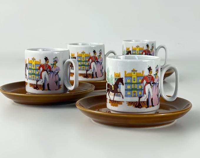 Set of 4 lovely Italian vintage porcelain coffee or espresso cups and saucers, Tognana Italy 1970s
