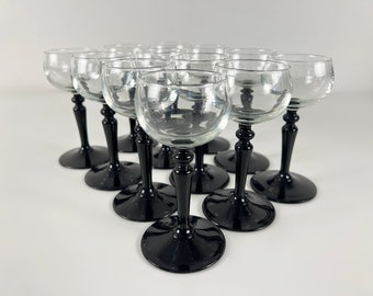 Set of 3 or 6 Luminarc delicate onyx black stemmed aperitif glasses, liqueur glasses from the 70's, mid century design barware from France