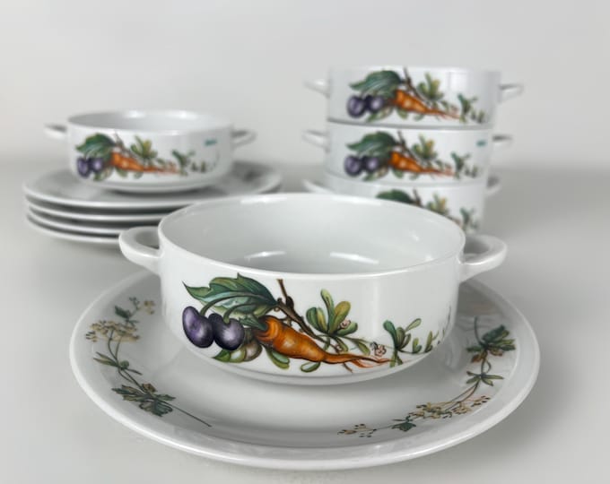 Set of 5 vintage Villeroy and Boch soup bowls and saucers, produced for Royco soups, Mid Century kitchenware Luxembourg 1970s
