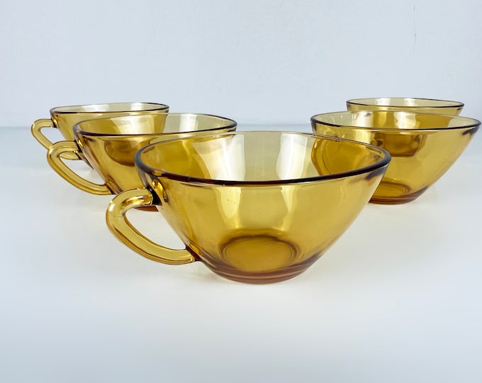 Amber colored glass coffee, tea cups, set of 5 or 6, Vereco France, mid century modern 1960's