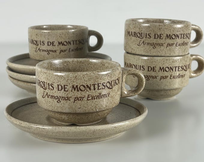 Set of 4 intage bar, bistrot, demi-tasse coffee cups, advertising Marquis de Montesquiou Armagnac, France 1980s