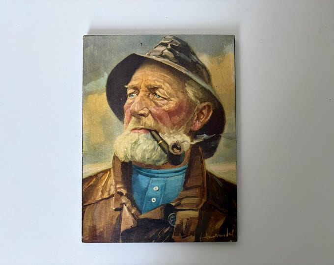 Vintage portrait art print of pipe smoking fisherman, old sailor, Dorus Rijkers, 1970s, paper on chipboard, Original by Harry Haerendel