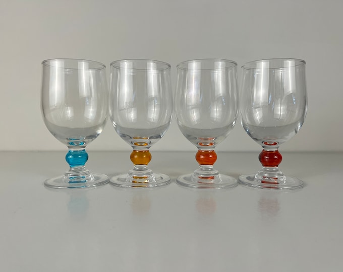 Set of 4 water or dessert glasses decorated with colored balls, vintage kitchen or barware from the 1990s