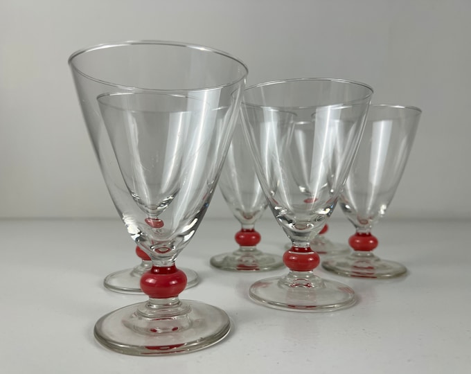 5 red ring stem wine glasses, wine goblets, stems with a pink ring, vintage beautiful barware from the 1980s