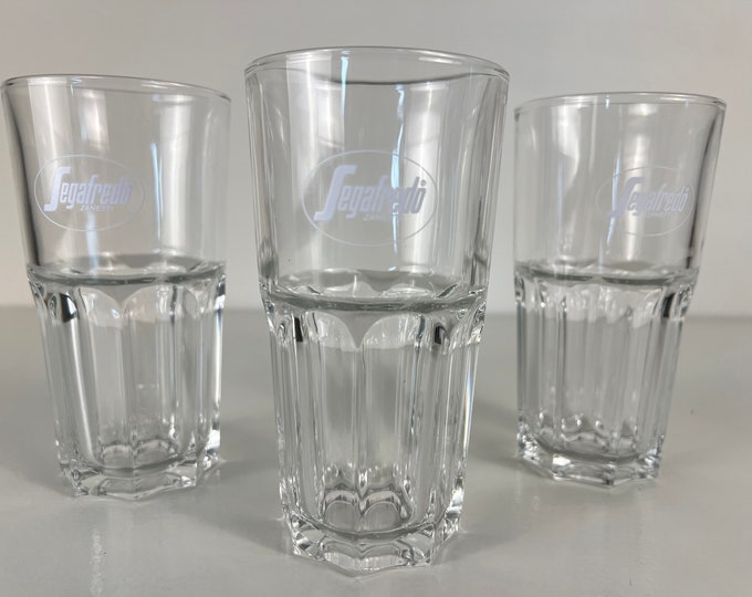 Segrafredo Zanetti coffee glasses, set of three caffe latte glasses, iced coffee glasses, manufactured by ARC France 2000s