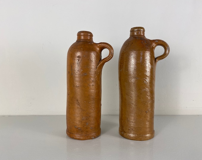 Set of two salt glazed stoneware jugs, antique, authentic and handmade, water jugs, gin jugs from the 1st half of 1900