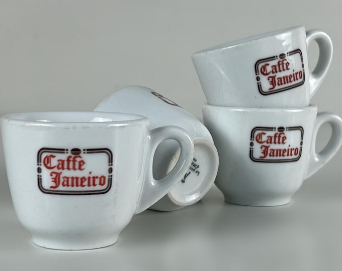 Set of 4 espresso cups, nice vintage, bar quality porcelain espresso cups, advertising "Caffe Janeiro" made in Italy 1990s