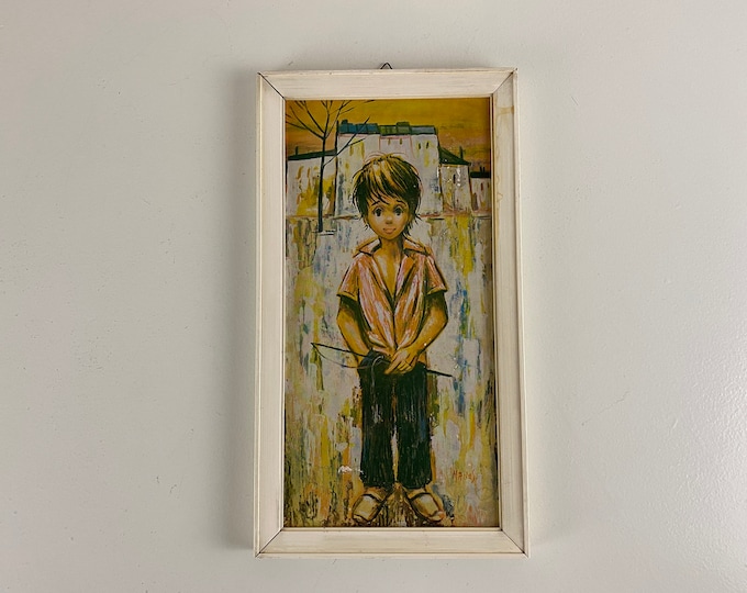 Vintage big eyed boy, fishing boy, framed picture by Manes, lovely mid century wall art from the 1960's