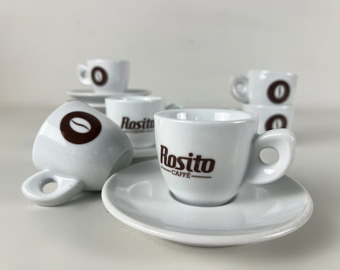 Set of 6 espresso cups, very nice vintage, bar quality porcelain espresso cups, Caffé Rosito logo made in Italy by IPA, 2000s