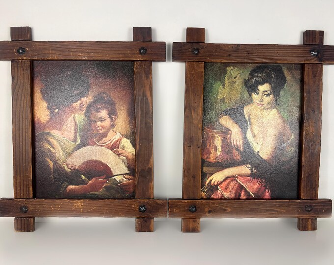 Set of 2 attractive vintage framed art prints of a woman with a copper pot, and woman with child, kitsch wall art, 1970s wall art.