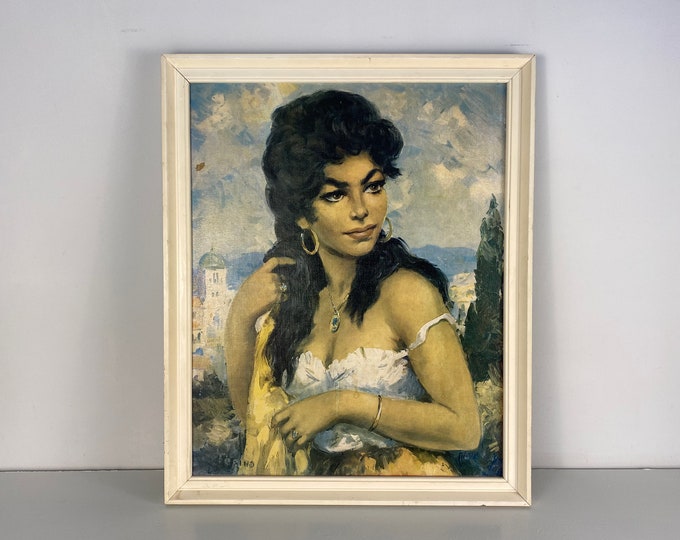 Framed Torino kitsch print of a gypsy woman, Torino Italy, vintage print Bohemain style, 1960s mid century modern wall art