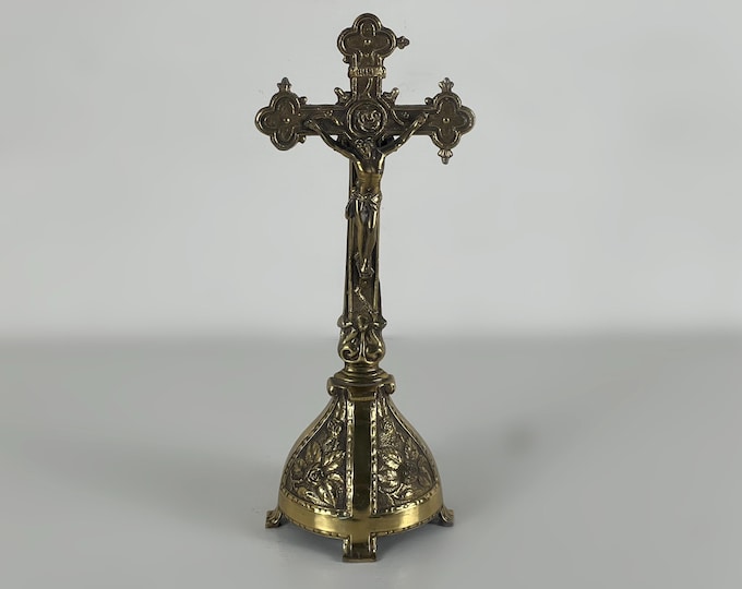 Antique catholic brass altar or table crucifix, religious decor Belgium, 1930s