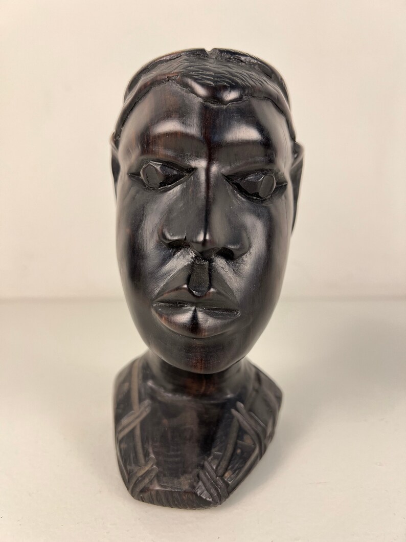 Vintage carved African heads, pair of 2 men, ebony wood from the 1970s afbeelding 3