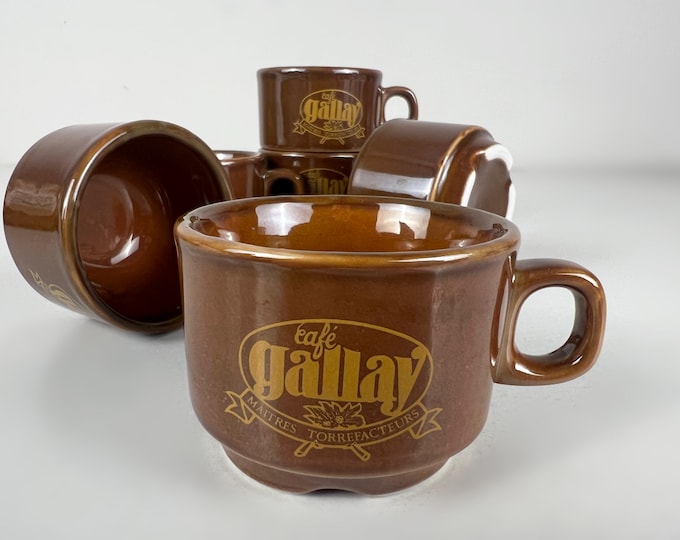 Set of 6 vintage porcelain brown espresso cups, café Gallay produced by Inker Croatia
