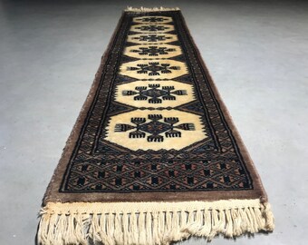 Oriental table rug, small carpet, table topper, table runner, grey, brown and beige accents, 1960s style, mid century modern