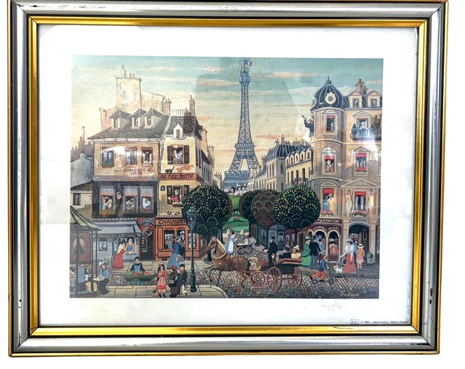 Old Paris by Fontaine Lutece Edition, framed and glazed prints, Paris Eiffel Tower and Arc De Triomphe, 1980s