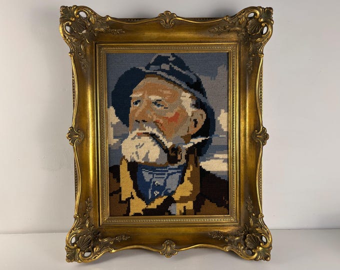 Large vintage embroidery framed portrait of Dorus Rijkers, a pipe-smoking fisherman, mid century wall art 1970s, Original by Harry Haerendel