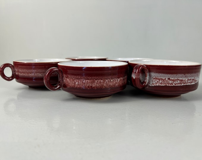 5 vintage Fat Lava style bowls, glazed serving bowls in mixed red and white colors, mid century design 1960s retro kitchenware