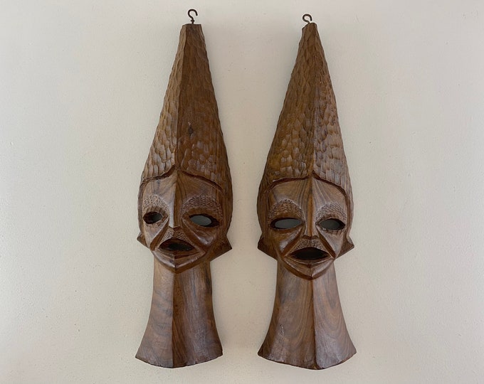 Set of 2 Vintage decorative hand carved wooden masks, Tiki masks