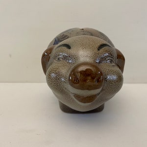 Large brown ceramic glaze stoneware piggy bank vintage pig image 2